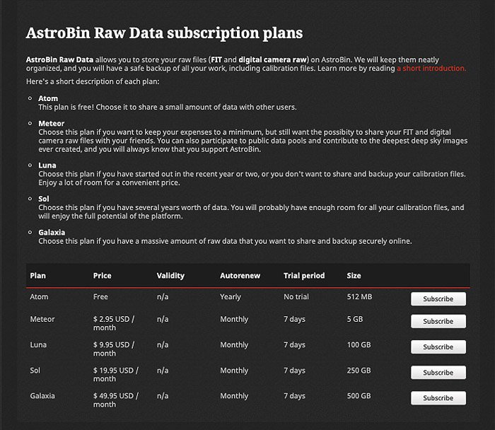Una captura de pantalla de los planes de suscripción de datos brutos del sitio web de AstroBin