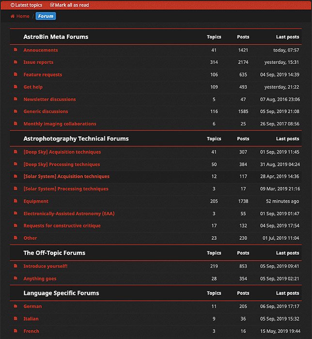 Una captura de pantalla del foro y grupo público del sitio web AstroBin