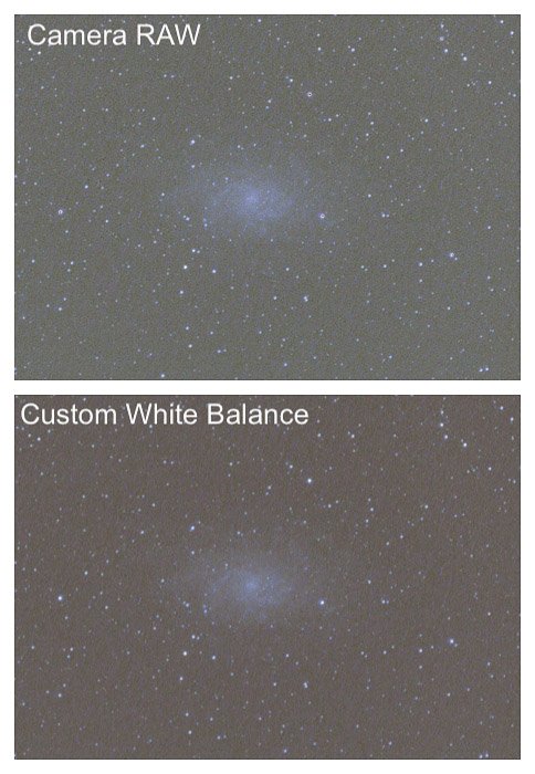 Díptico de astrofotografía la diferencia entre el balance de blancos obtenido en Camera RAW y con el procedimiento
