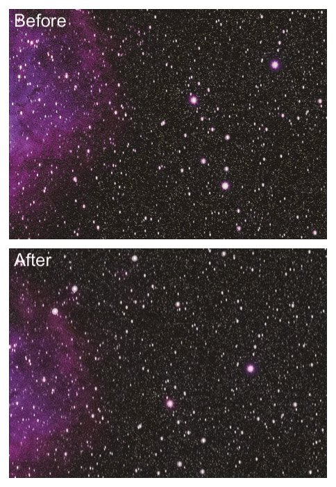 Comparación entre el antes (arriba) y el después (abajo) del uso de desenfoque gaussiano en Photoshop para editar astrofotografía