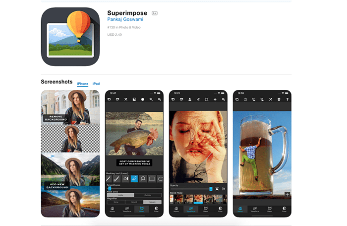 Captura de pantalla de la aplicación Superimpose para agregar fondo a la foto