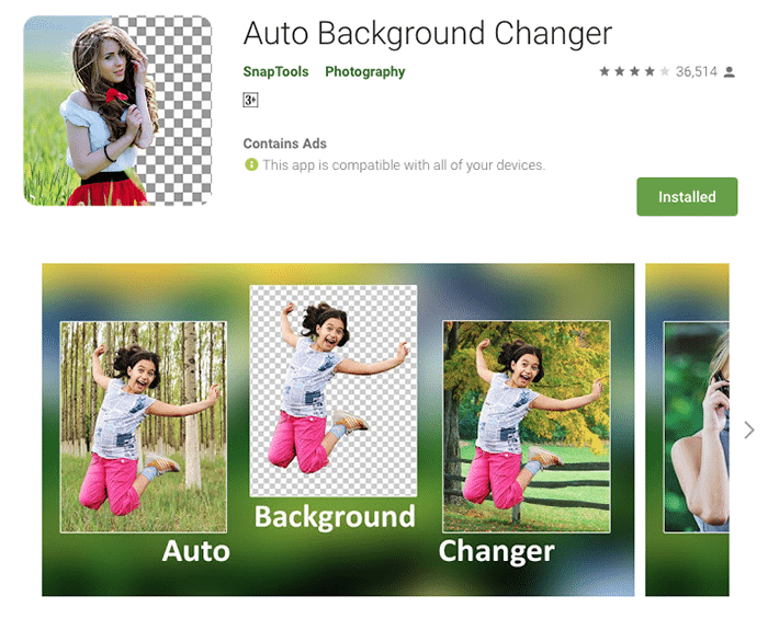 La página de inicio de la aplicación Auto Background Changer para agregar fondo a la foto
