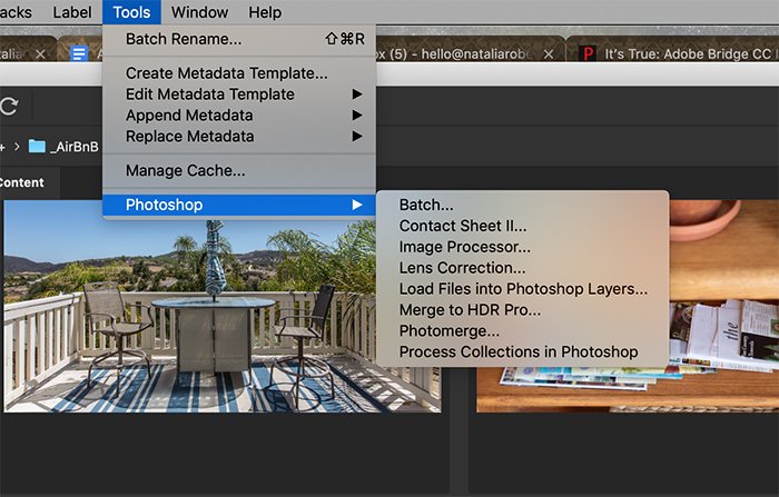 Captura de pantalla que muestra cómo Adobe Bridge puede enviar fotos a Photoshop para ciertas ediciones.