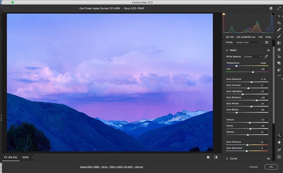 Captura de pantalla del espacio de trabajo de Adobe Camera Raw