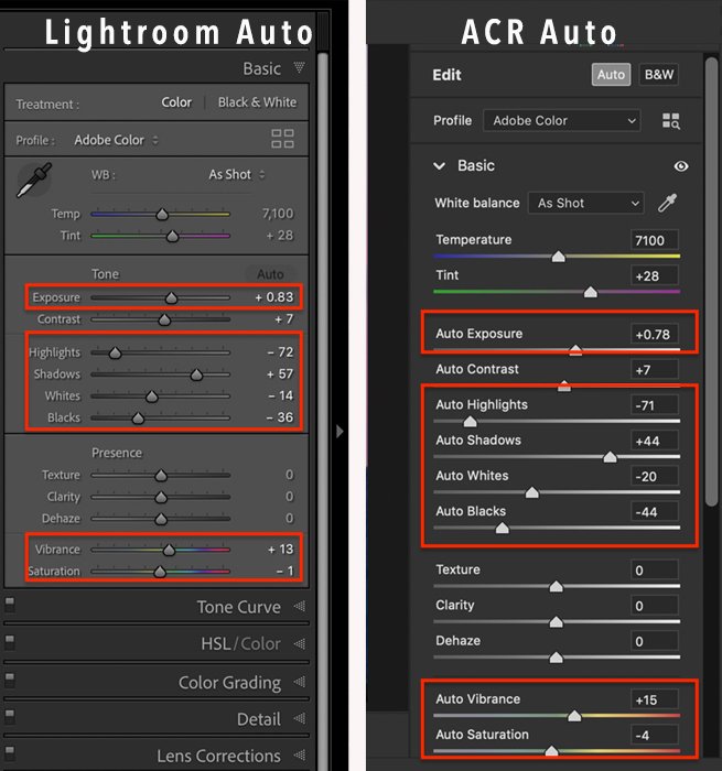 captura de pantalla comparar panel básico lightroom adobe camera raw