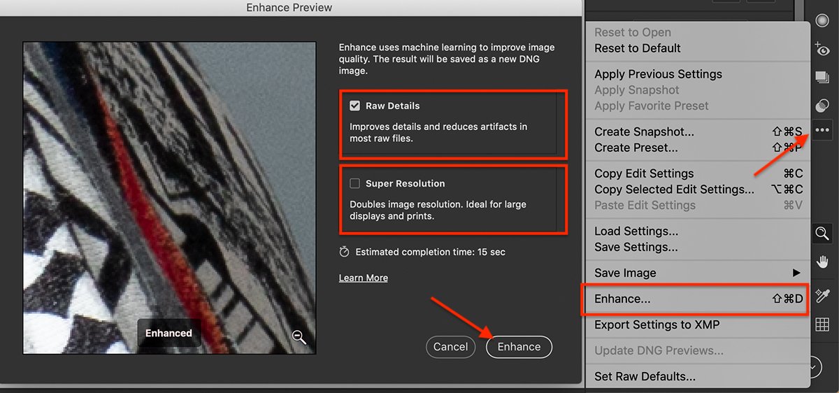 Ventana de mejora de captura de pantalla de Adobe Camera Raw