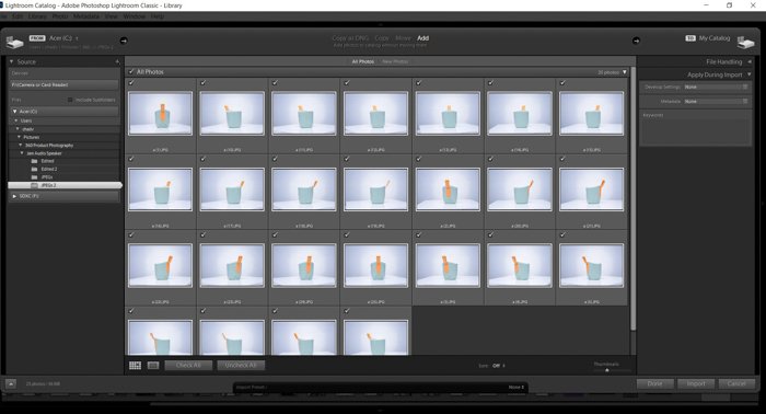 Captura de pantalla de la importación de imágenes a Lightroom