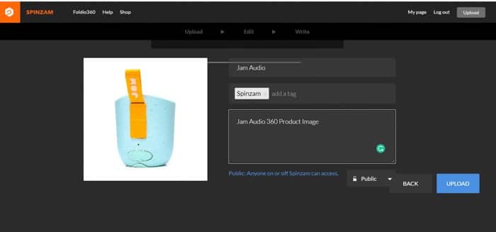 Captura de pantalla de la edición de fotos en el visor Spinzam 360.