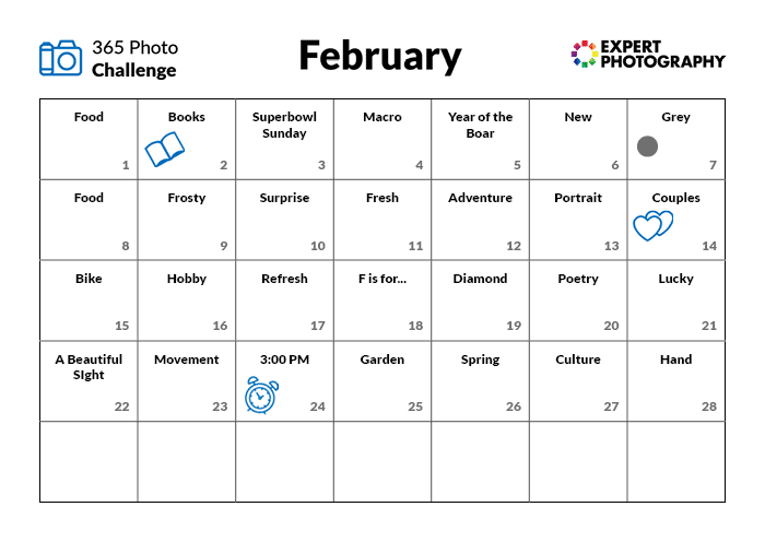 Calendario de desafíos de fotografía de febrero 365