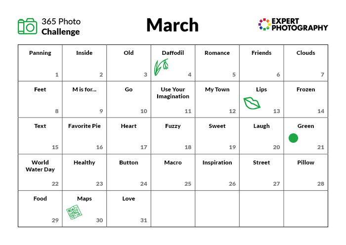 Calendario de desafíos de fotografía de marzo