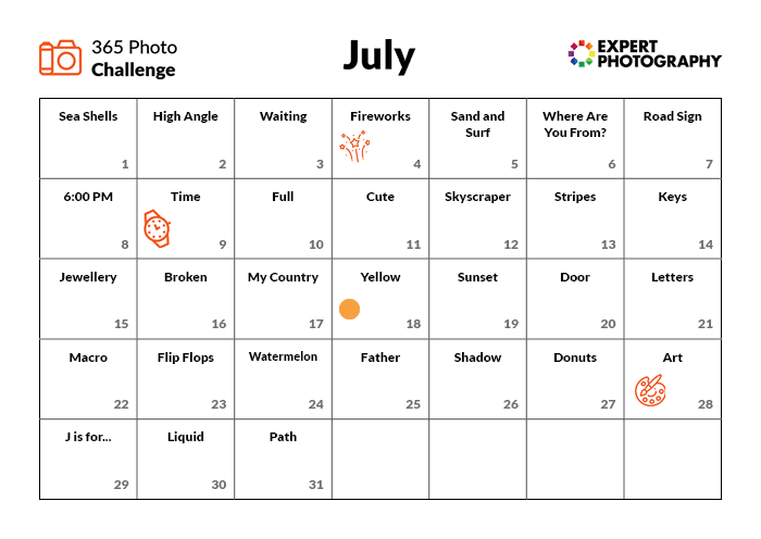 Calendario del reto fotográfico de julio 