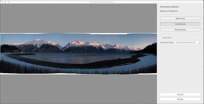 Una impresionante foto panorámica de un paisaje helado que se está editando en Lightroom