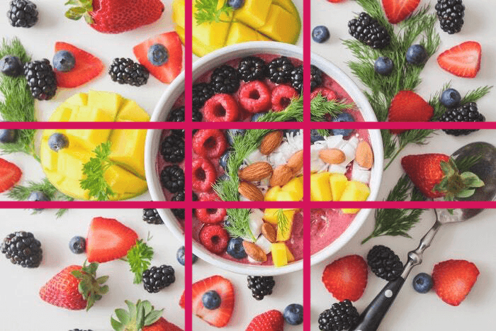 Composición de fotografía de comida afrutada con phi-grid superpuesto