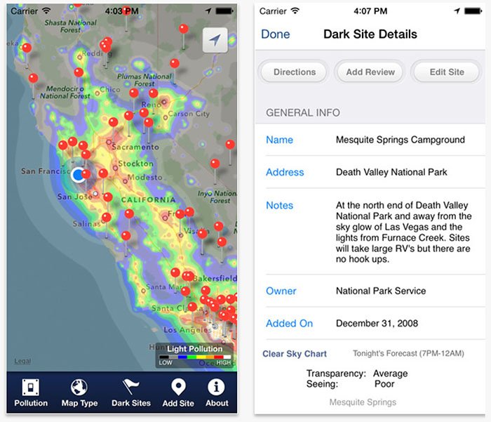 Capturas de pantalla de la aplicación de contaminación lumínica Dark Sky Finder para fotografía de la vía láctea