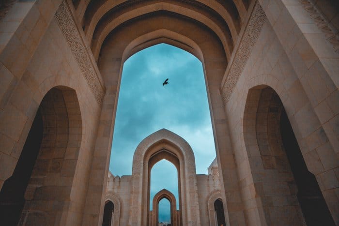 Toma nocturna de la Gran Mezquita del Sultán Qaboos en Omán - composición de fotografía de arquitectura