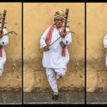 Tres imágenes fijas de video músico callejero de Jaipur, India