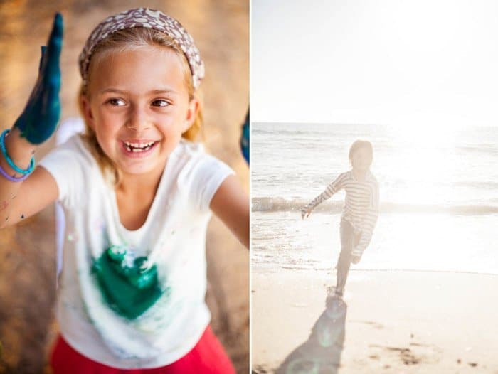 Imágenes una al lado de la otra de una niña pintando a mano y un niño corriendo en la playa.