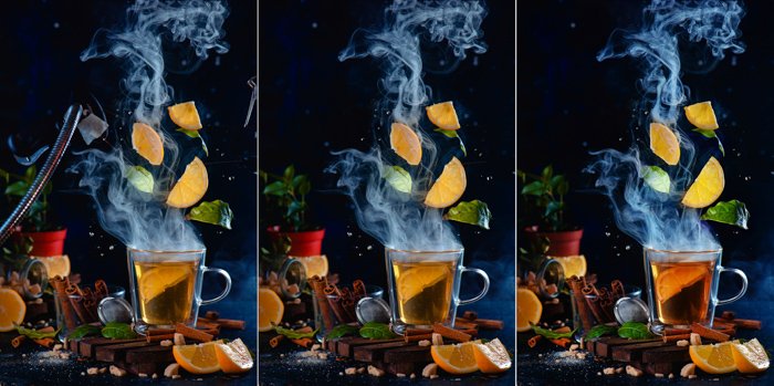 Tríptico levitando rodajas de limón y hojas de té