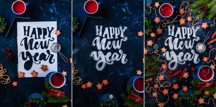 Un mágico tríptico fotográfico navideño con tipografía de comida