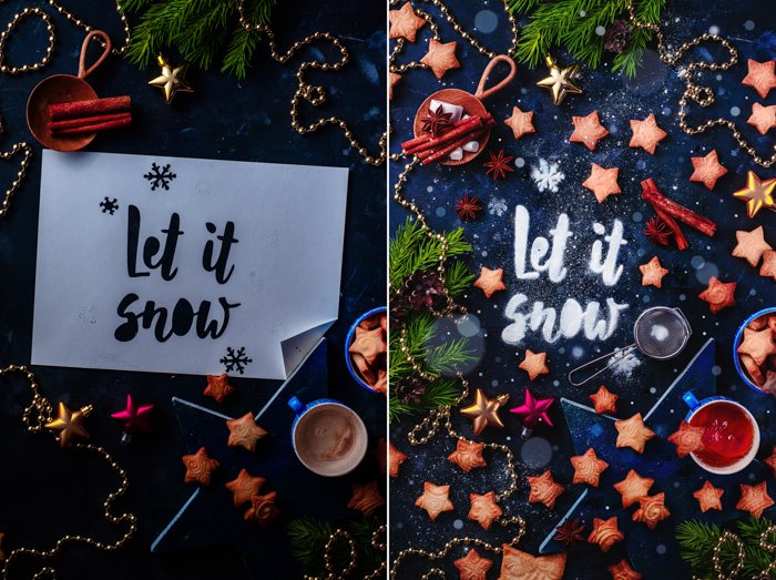 Un mágico díptico de fotografía de bodegones navideños con tipografía de comida festiva
