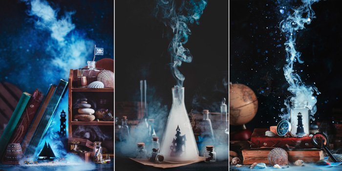 Tríptico de fotografía de bodegones atmosféricos y místicos con una botella de vidrio y humo