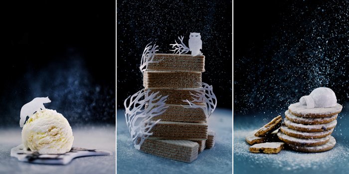Un tríptico mágico de bodegones navideños con comida y recortes