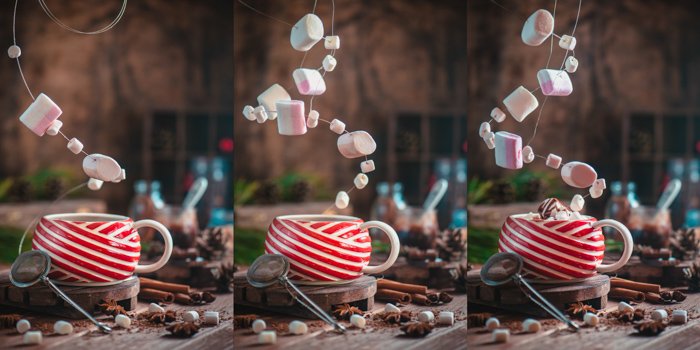 Un mágico tríptico fotográfico navideño de una taza de café y malvaviscos levitando