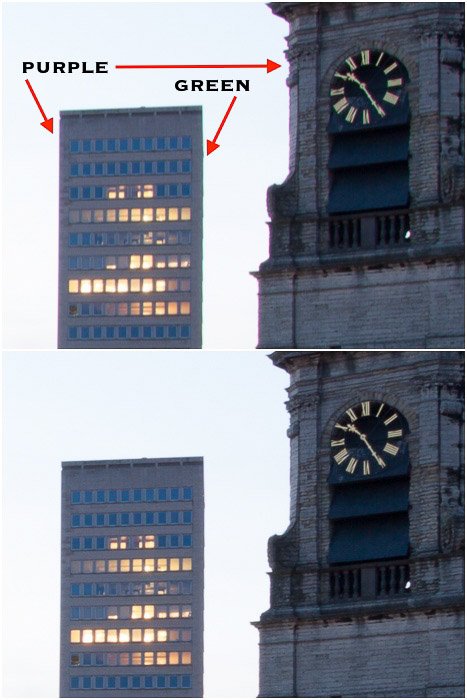 Díptico que compara fotos de una torre de reloj antes y después de eliminar la aberración cromática 