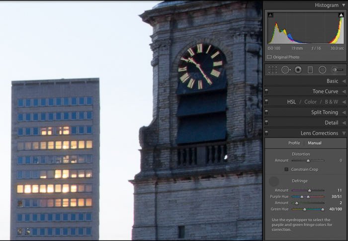 Captura de pantalla de corrección manual de CA en una foto de una torre de reloj