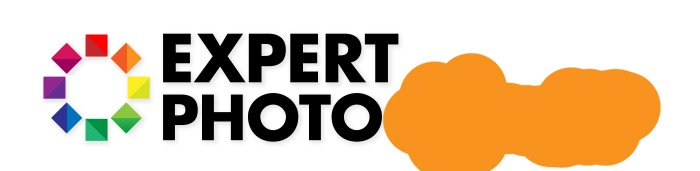 Logotipo de fotografía experta con parche naranja que cubre una sección del texto.