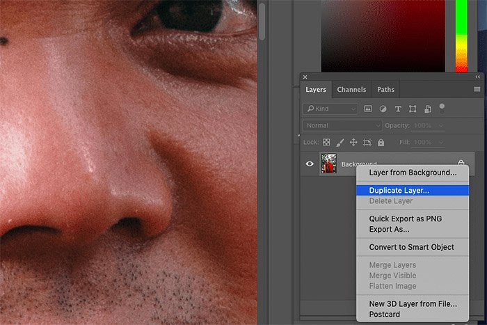 Una captura de pantalla de cómo eliminar las imperfecciones de la piel con la herramienta de sello de clonación de Photoshop