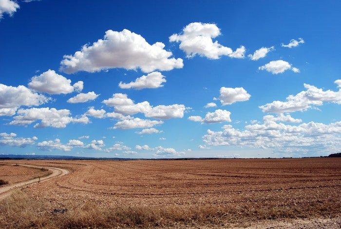 Foto de un campo con nubes esponjosas y un cielo azul brillante arriba