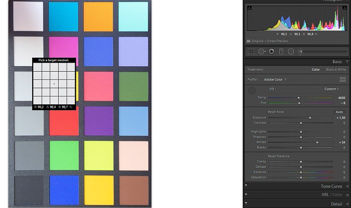 Una captura de pantalla para comprobar los valores de iluminación y exposición con un corrector de color en Lightroom