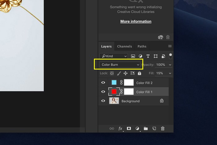 Una captura de pantalla que muestra cómo configurar los modos de fusión en Photoshop