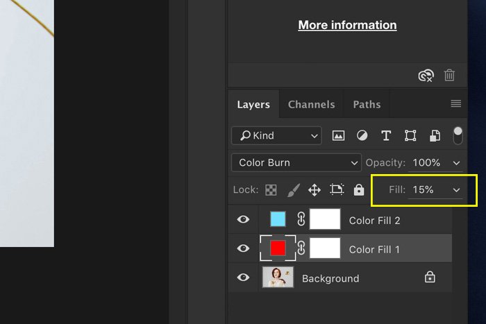 Una captura de pantalla que muestra cómo ajustar las capas de relleno en Photoshop.