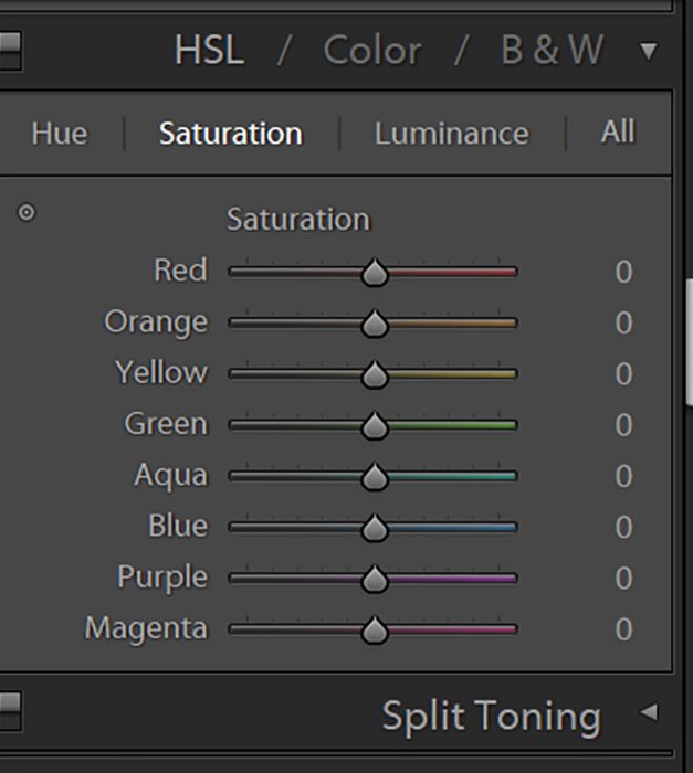 Panel HSL de Lightroom que muestra controles deslizantes de saturación de color