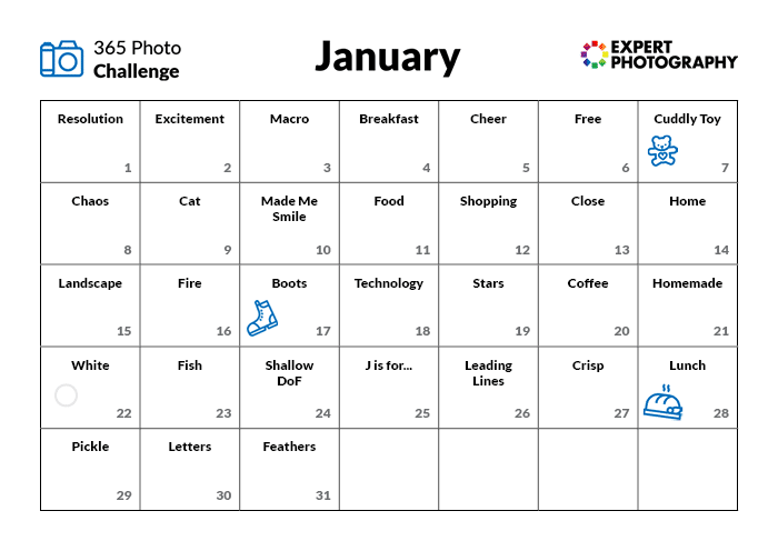 Calendario de desafíos de fotografía de enero