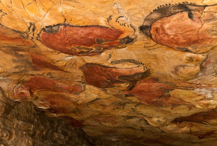Foto de una pintura rupestre en las cuevas de Altamira que representan bisontes