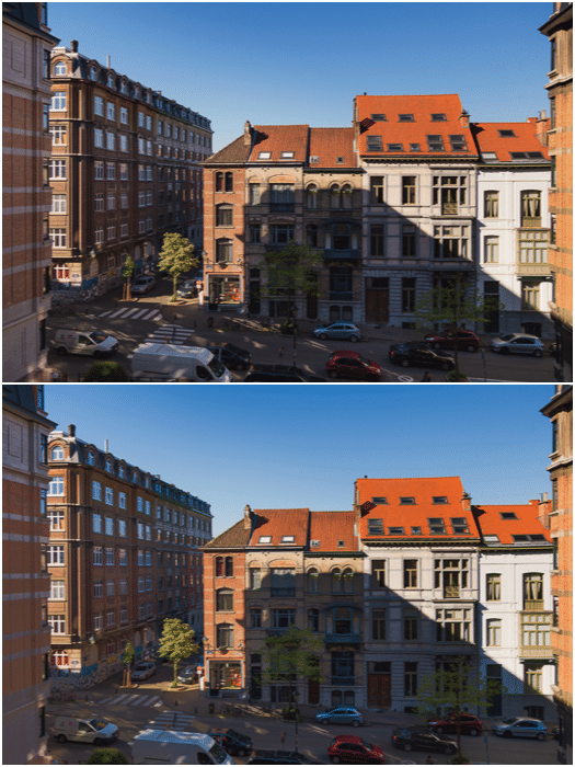 Un díptico de la misma escena callejera filmada con una sola exposición 0EV (arriba) frente a exposiciones -2EV, 0EV y + 2EV (abajo)