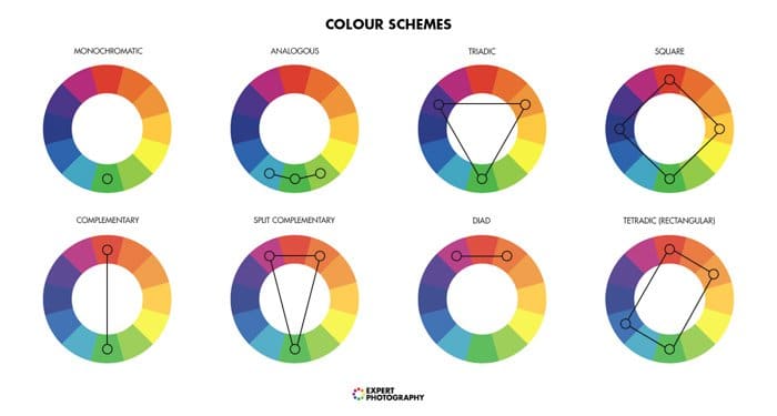 Un diagrama que explica la teoría del color en la fotografía.