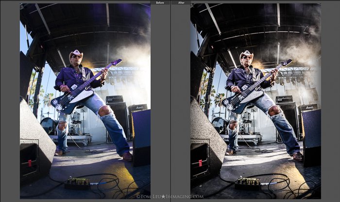 Díptico de fotografías de un guitarrista en el escenario antes y después de la edición de fotografías de conciertos en lightroom