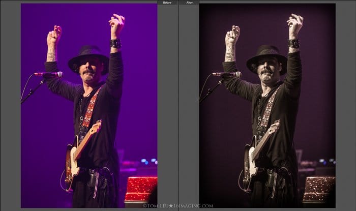 Díptico de fotografías de un guitarrista en el escenario antes y después de la edición de fotografías de conciertos en lightroom