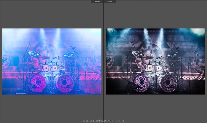 Díptico de fotografías de una batería en el escenario antes y después de la edición de fotografías de conciertos en lightroom