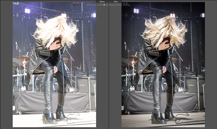 Díptico de fotografías de una cantante rubia en el escenario antes y después de la edición de fotografías de conciertos en lightroom
