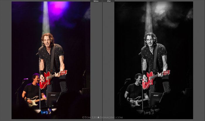 Díptico de fotografías de un guitarrista en el escenario antes y después de la edición de fotografías de conciertos en lightroom