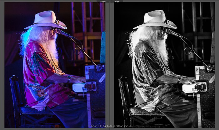 Díptico de fotografías de un pianista de pelo largo en el escenario antes y después de la edición de fotografías de conciertos en lightroom