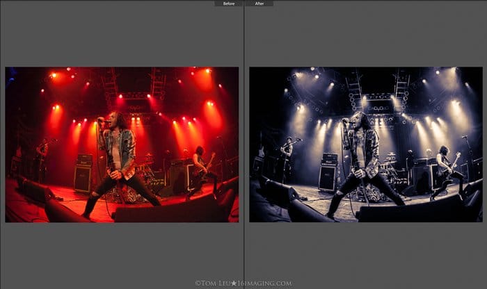 Díptico de fotografías de un cantante en vivo en el escenario antes y después de la edición de fotografías del concierto en lightroom