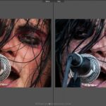 Díptico de fotografías de un primer plano de la cara de un cantante antes y después de la edición de fotografías de conciertos en lightroom