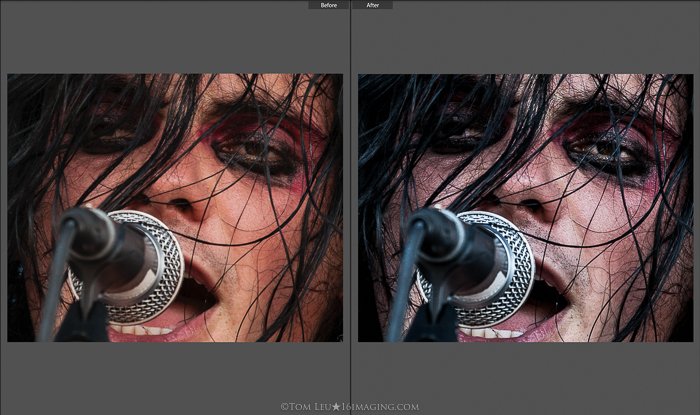Díptico de fotografías de un primer plano de la cara de un cantante antes y después de la edición de fotografías de conciertos en lightroom