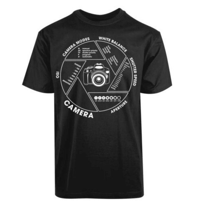 Diseño de camisetas fotográficas que muestran la configuración y las opciones de la cámara.